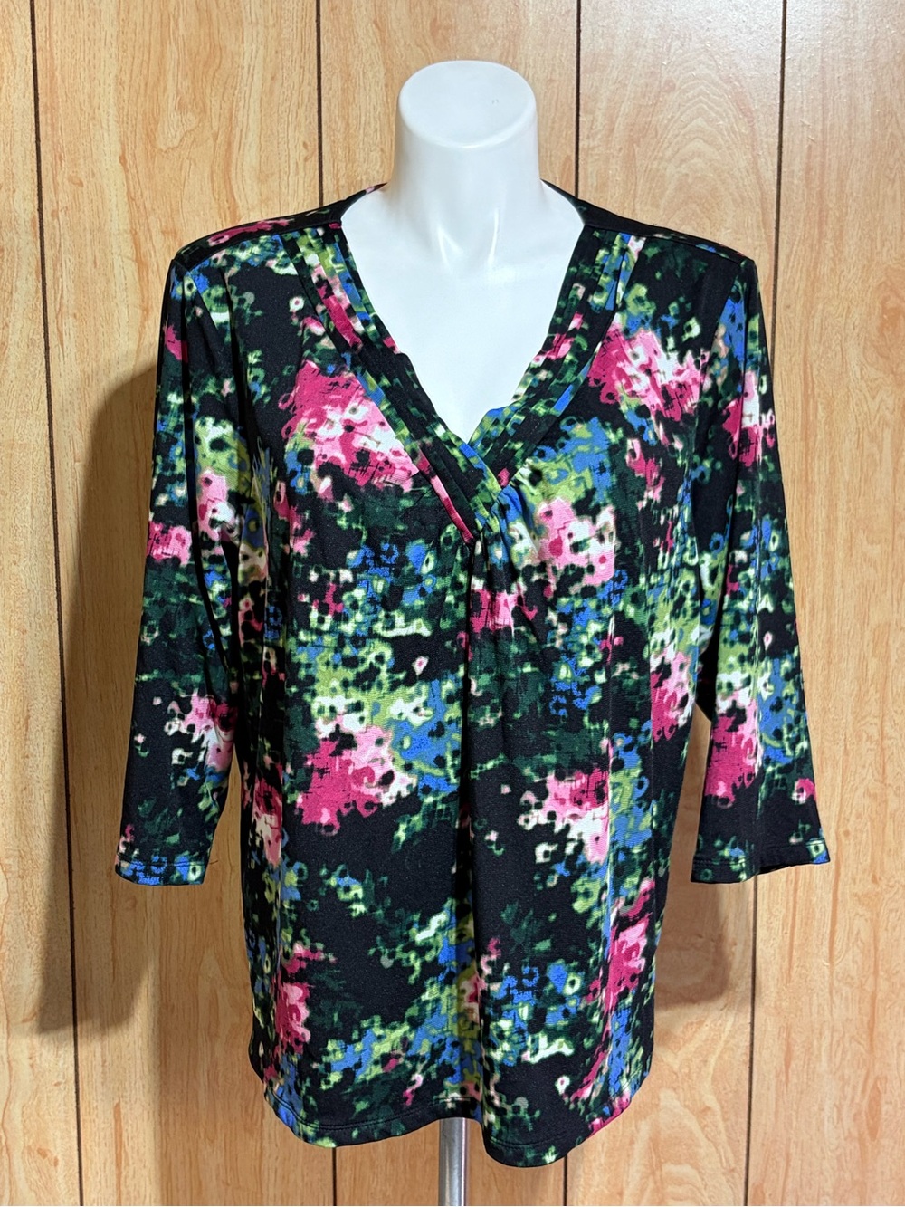 JM Collection Black Floral V-Neck Blouse with Pink, Green & Blue SZ - 3X